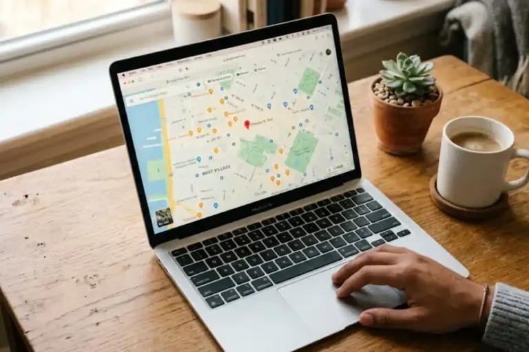Google Maps open on a laptop screen showing a colorful map with hidden easter egg icons and pins
