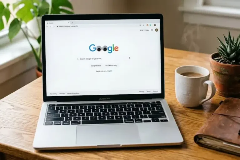 Googly eyes covering the O letters on the Google search homepage displayed on a laptop screen