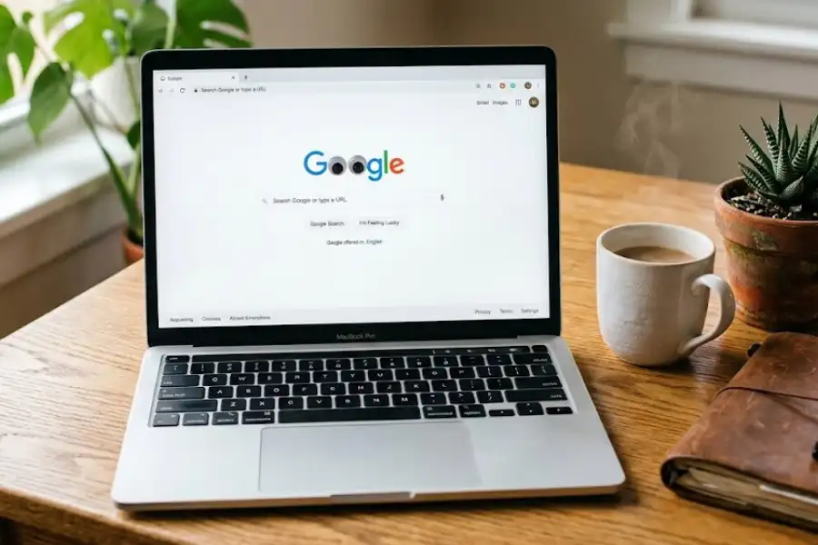 Googly eyes covering the O letters on the Google search homepage displayed on a laptop screen