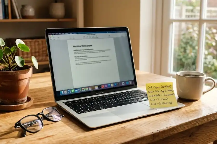 A MacBook on a wooden desk with a yellow sticky note showing handwritten Mac shortcuts next to a coffee mug