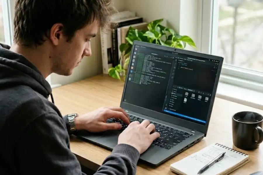 Person typing on a Linux laptop with a terminal and desktop visible on screen