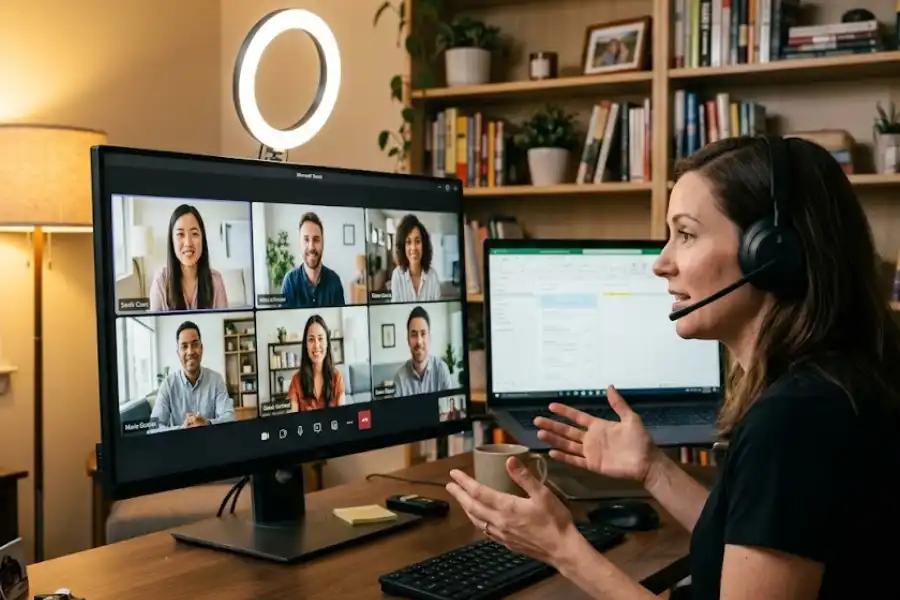 A person attending a Microsoft Teams video call with multiple participants on screen