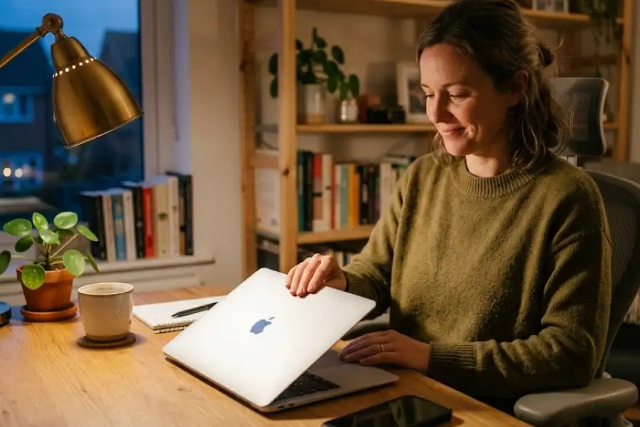 A relaxed remote worker closing their laptop in the evening at a well-lit home desk, symbolizing a healthy end to the workday without late-night message anxiety