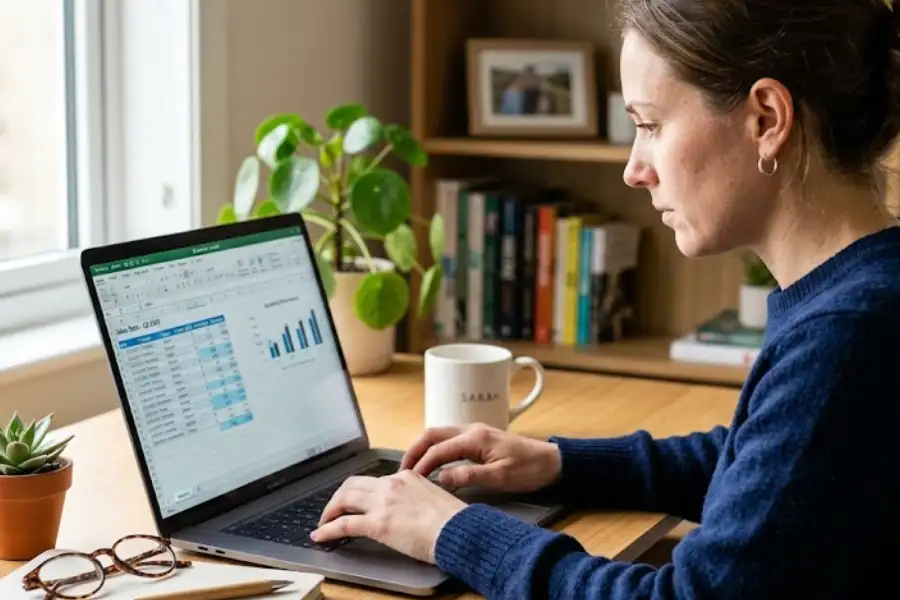 Person using Microsoft Excel keyboard shortcuts on a laptop in a bright home office