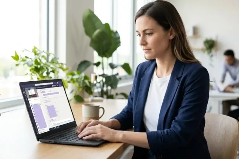 A professional working on Microsoft Teams on a laptop in a modern office