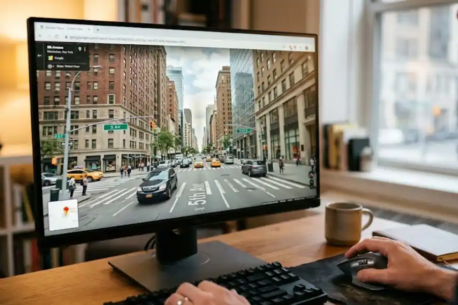 Google Maps Easter Eggs: 15+ Surprises You Need to Try Right Now (2026) 2 Person dragging the Pegman icon onto Google Maps Street View on a desktop computer screen