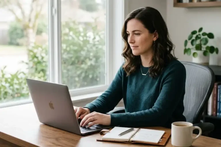 20 Slack Hidden Features That Save You Hours Every Week 14 A professional working at a desk with Slack open on a laptop screen, surrounded by a clean and organized home office setup