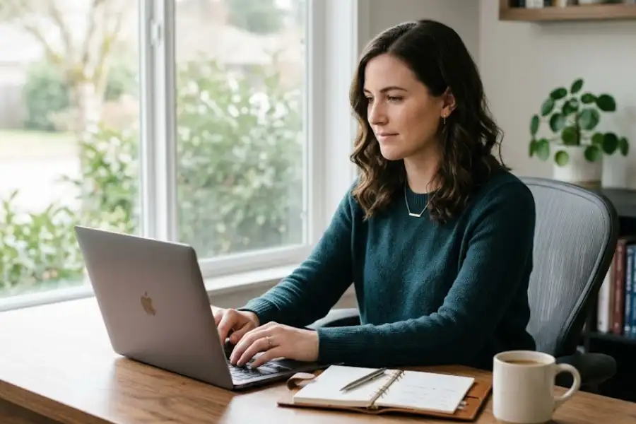 A professional working at a desk with Slack open on a laptop screen, surrounded by a clean and organized home office setup