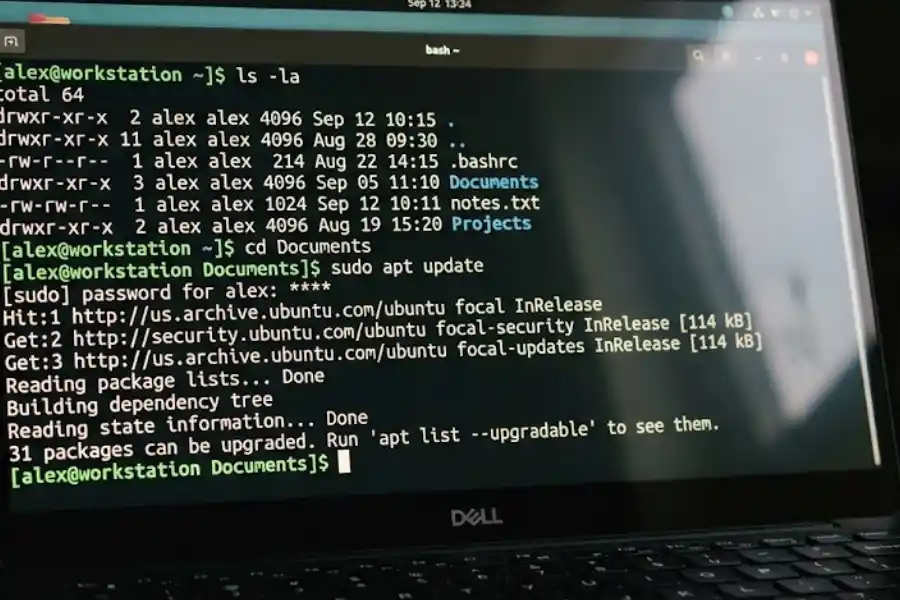 Close-up of a Linux terminal window open on a laptop screen showing typed commands