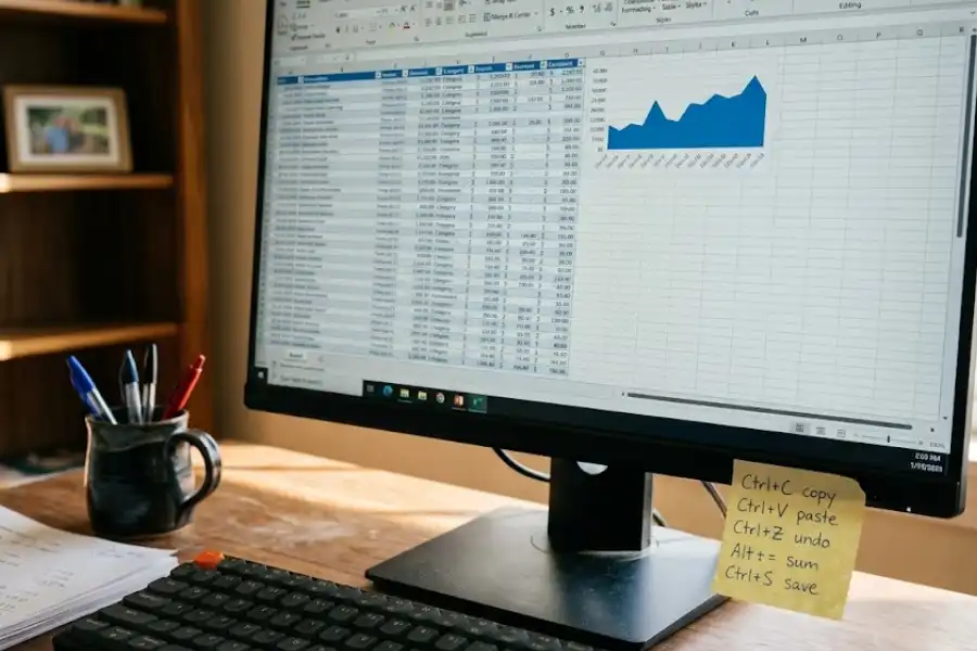 Yellow sticky note with handwritten Excel keyboard shortcuts attached to a computer monitor showing a spreadsheet