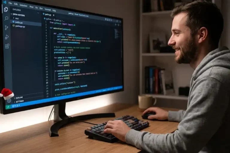 A developer smiling while looking at Visual Studio Code editor on a dark-themed monitor showing colorful hidden easter egg surprises