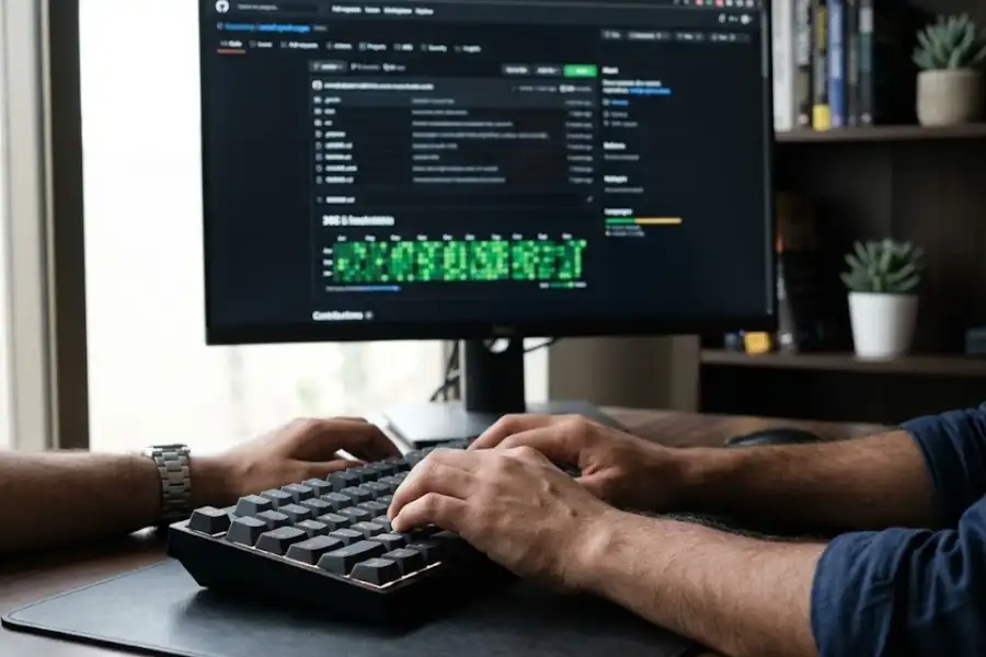 Close-up of a developer using keyboard shortcuts on GitHub on a desktop monitor