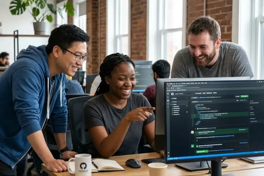 Team of developers collaborating and sharing fun GitHub features at a workspace