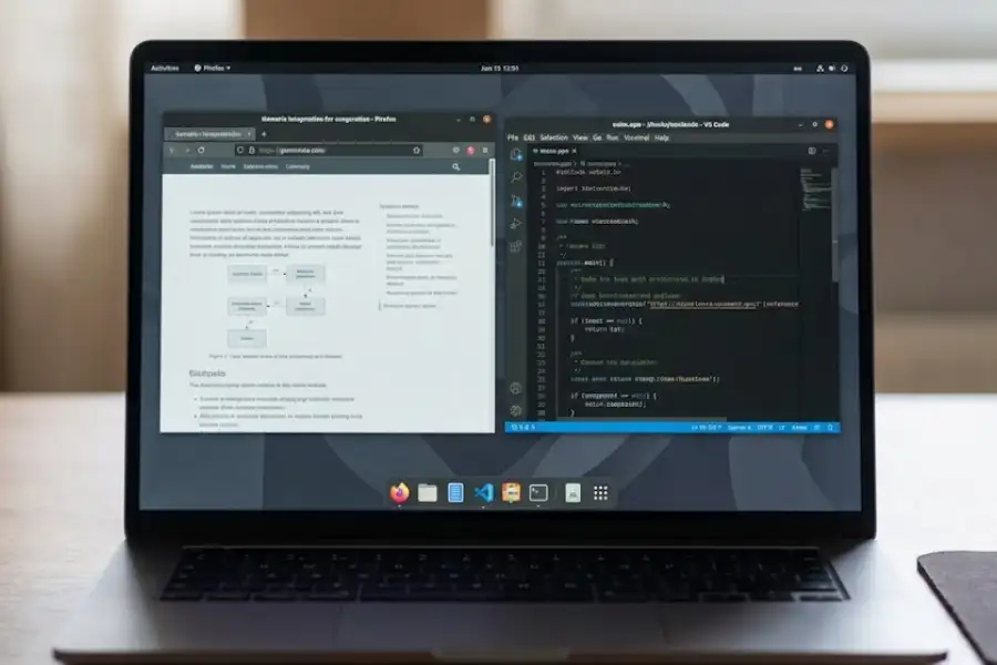 Linux laptop screen showing two application windows snapped side by side on a desktop