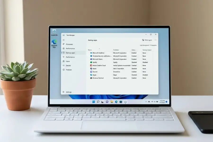 Windows 11 laptop displaying the Task Manager Startup apps tab on a minimalist desk with soft natural light