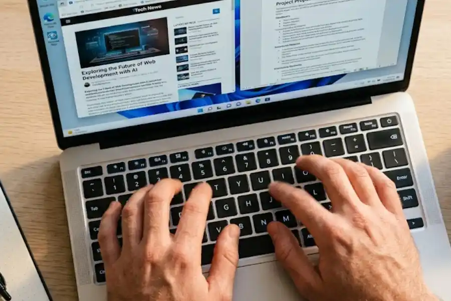 Close-up of hands typing on a backlit Windows 11 laptop keyboard with two snapped windows visible on the screen