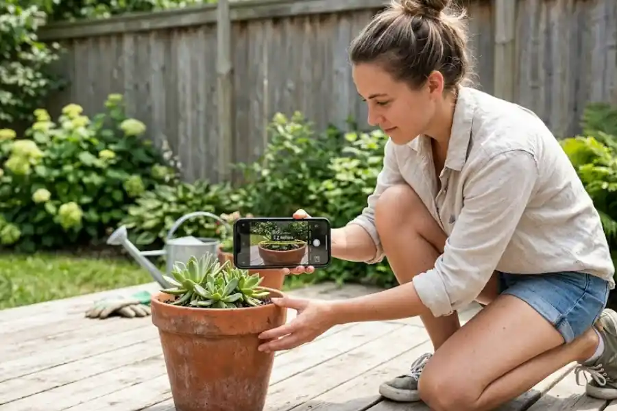 Person using iPhone camera Measure app to measure a wooden object outdoors in natural light