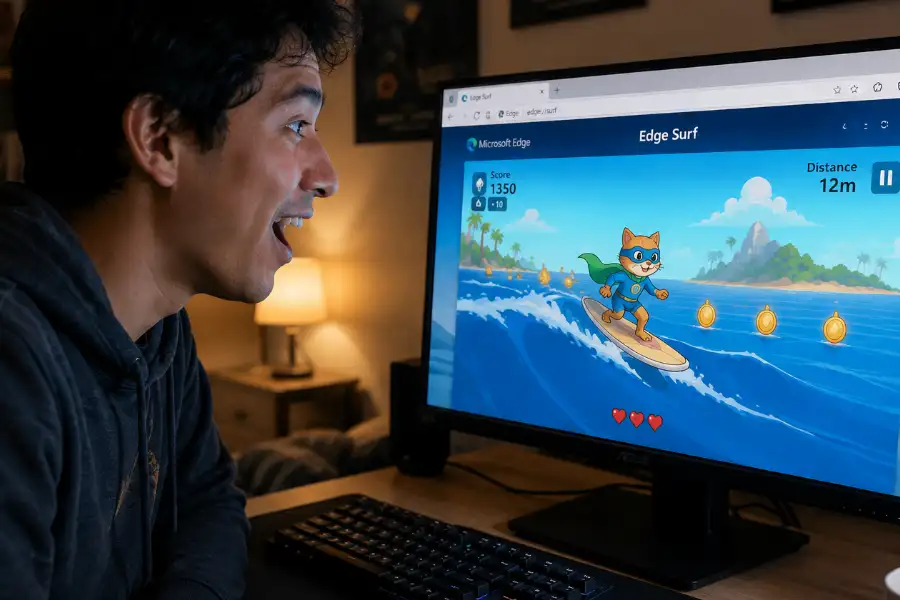 Edge Surf Game: Every Mode, Cheat Code and Easter Egg 3 A person at a computer desk leaning forward with a surprised expression while looking at the Microsoft Edge browser screen showing the Ninjacat character riding a surfboard in the Edge Surf game