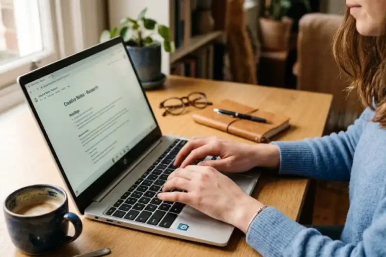 Person typing on a Chromebook with hands resting on the keyboard at a wooden desk