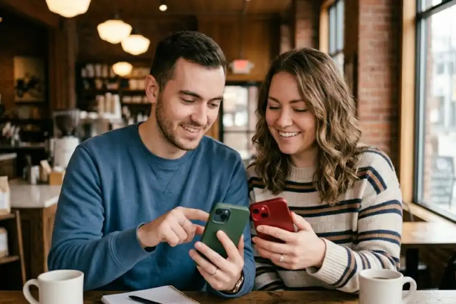 Two friends holding iPhones close together using NameDrop to share contact information