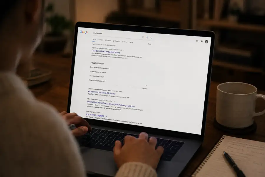 A person sitting at a laptop in a cozy home setting with the Google search results page open on screen and the Google logo visibly floating mid-screen simulating the classic DVD screensaver bouncing logo Easter egg