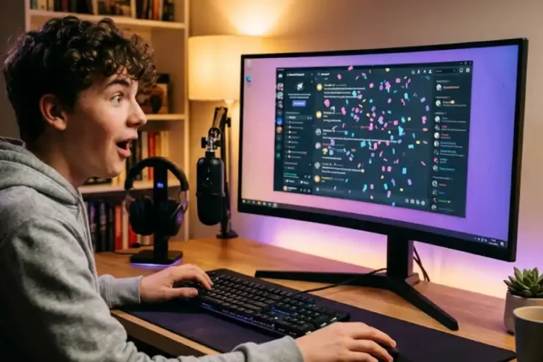 Discord Easter Eggs: Every Fun Surprise Hiding Inside the App 16 A person sitting at a gaming desk setup smiling while triggering a Discord Easter egg on their computer screen with colorful confetti effects visible on the monitor