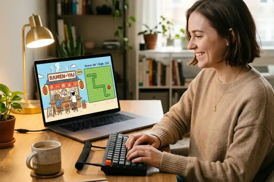 A person sitting at a laptop playing the Discord Snek 404 game in a browser window, with the ramen shop illustration visible on the screen