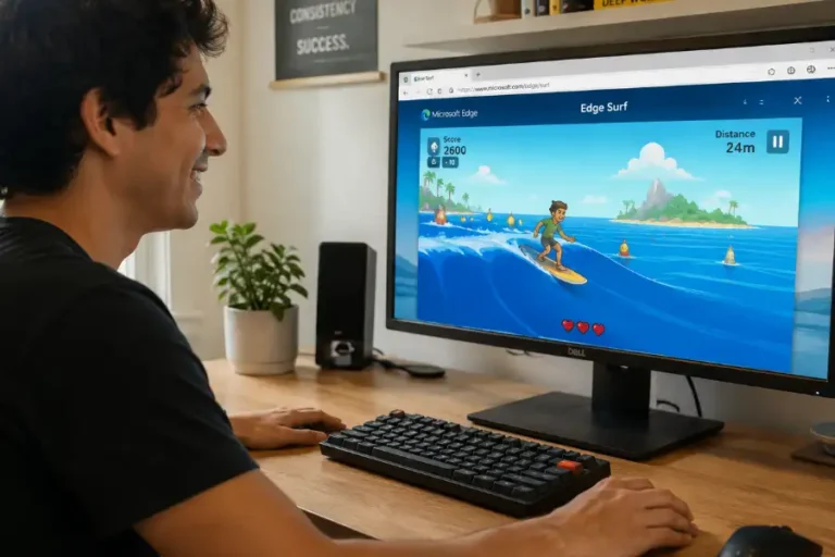 Edge Surf Game: Every Mode, Cheat Code and Easter Egg 1 A person sitting at a desktop computer playing the Microsoft Edge Surf game on screen, with the colorful ocean surfing interface visible on the monitor in a home office setup