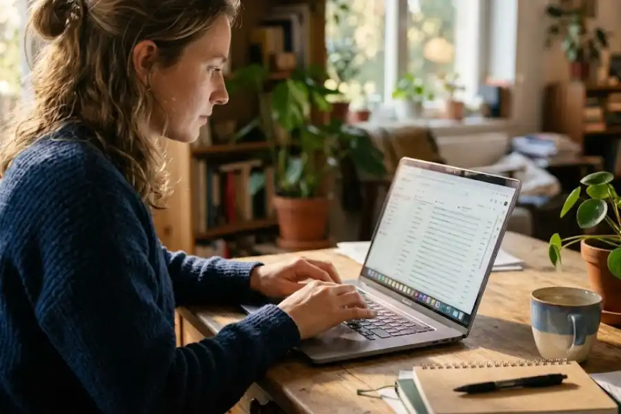 Person typing on a laptop keyboard with Gmail open on the screen at a home office desk