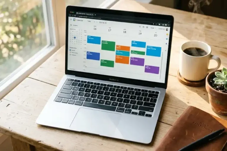 Person planning their weekly schedule on a laptop with Google Calendar open beside a coffee mug on a wooden desk