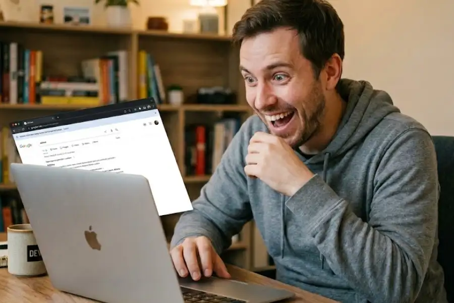 Interactive Google Searches: 30+ Games, Hidden Tools, and Easter Eggs Worth Trying 3 Young adult leaning toward a laptop screen with a surprised and amused expression as the browser displays a visually distorted or tilted Google search results page