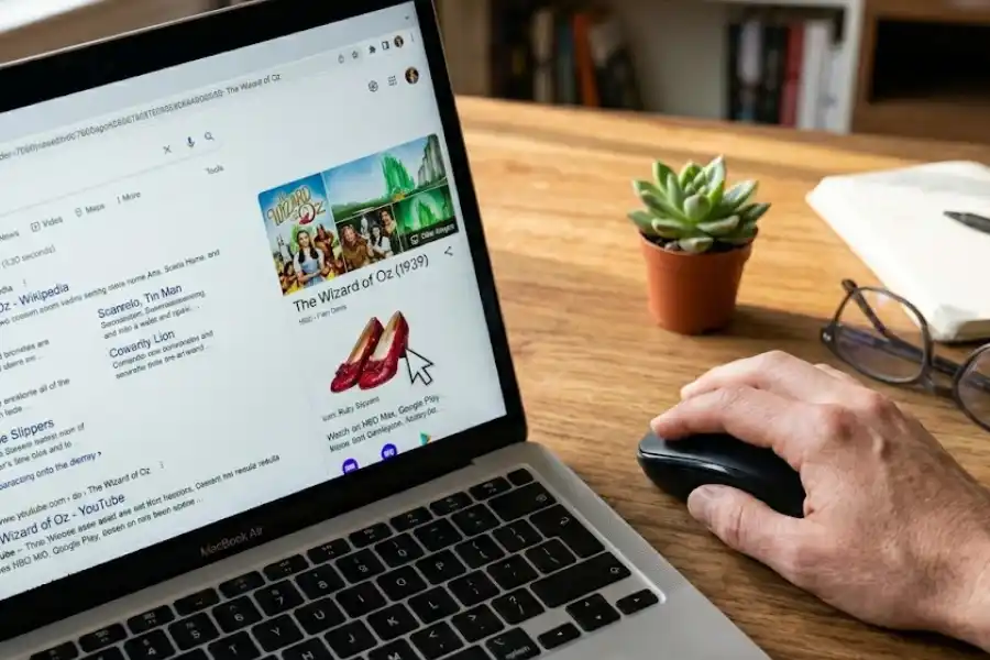 Hand clicking ruby red slippers icon on a Google search results page