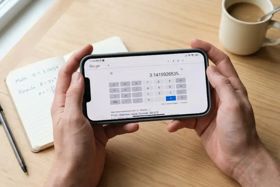 Close-up of a phone screen showing Google calculator with the small sparkling pi symbol