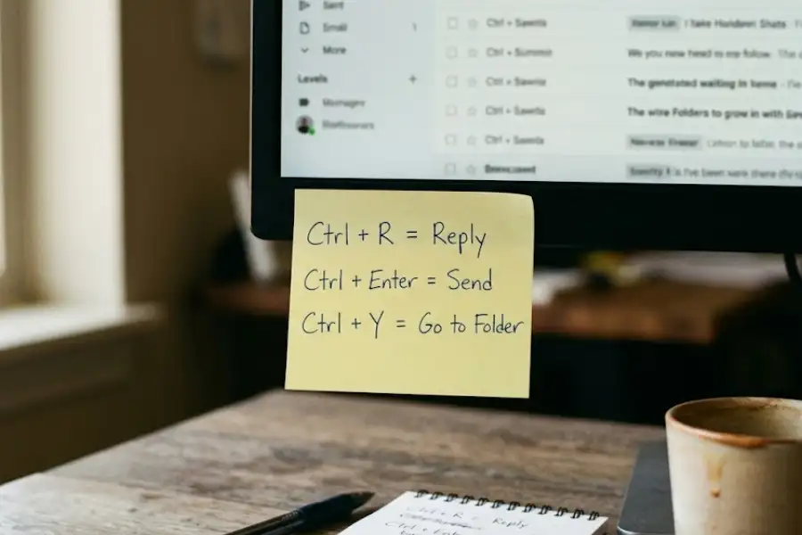 Yellow sticky note on a computer monitor with handwritten keyboard shortcuts as a memory aid
