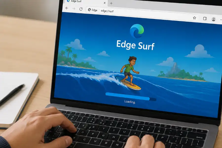 Edge Surf Game: Every Mode, Cheat Code and Easter Egg 2 Close-up of a laptop screen showing the Microsoft Edge browser address bar with edge://surf typed in, and the Edge Surf game loading screen appearing in the browser tab