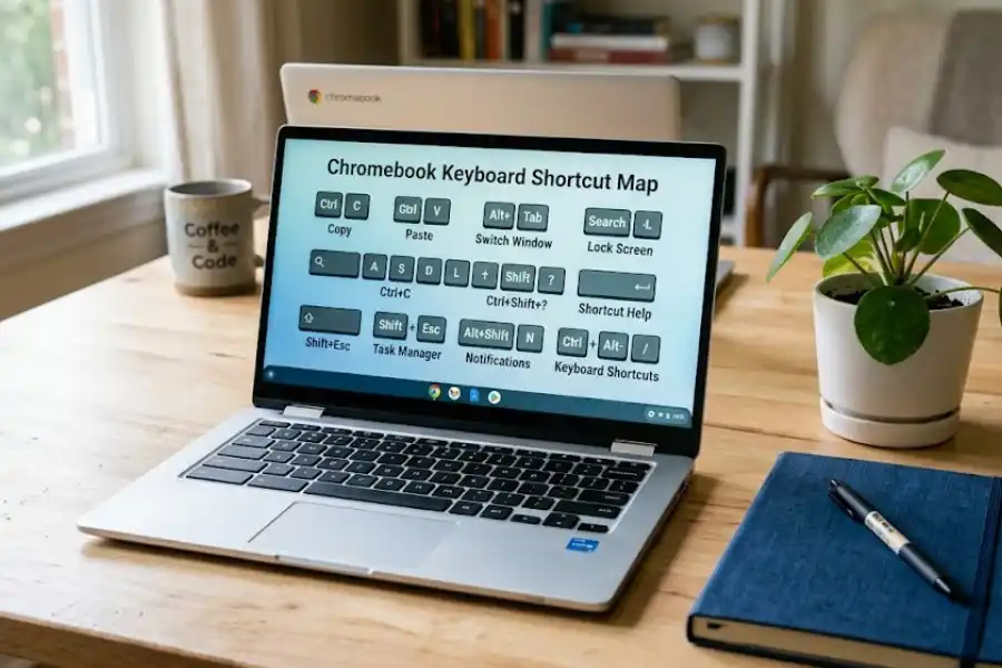 Chromebook screen displaying the on-screen keyboard shortcut map overlay