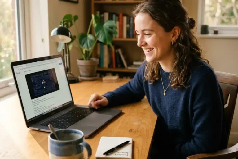 Interactive Google Searches: 30+ Games, Hidden Tools, and Easter Eggs Worth Trying 4 A person sitting at a desk smiling at a laptop screen showing a colorful Google search results page with an interactive game or tool open