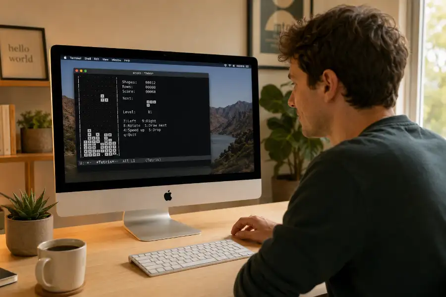 A person sitting at an Apple Mac desktop computer with the Terminal application open on screen, showing the Emacs Tetris game running in a black and white text-based interface