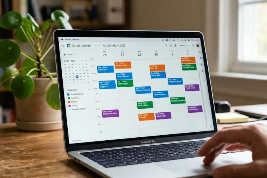 Color-coded weekly Google Calendar view on a laptop screen showing different event categories