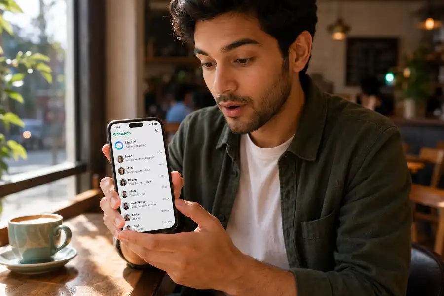 Person sitting at a sunlit café table holding a smartphone with WhatsApp open, the Meta AI blue circle icon visible on the screen