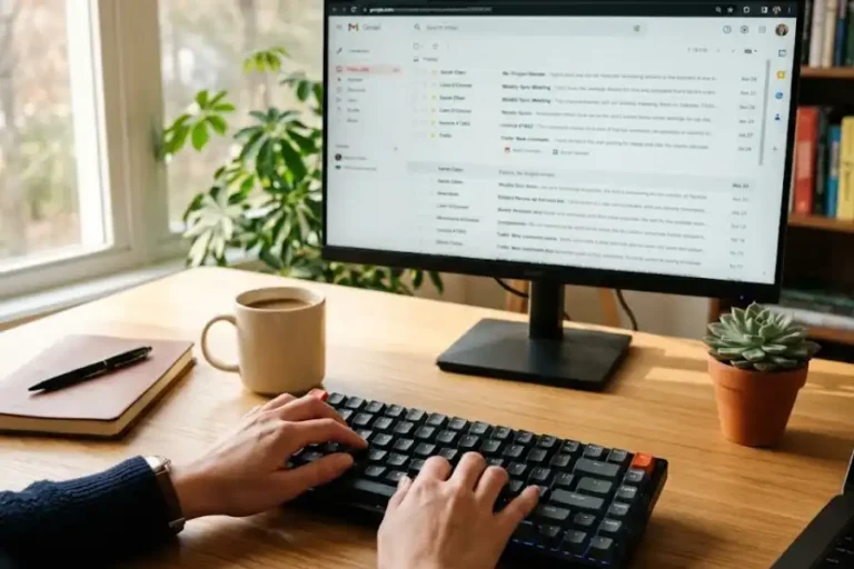 Person using keyboard shortcuts in Outlook on a desktop computer at a clean modern desk