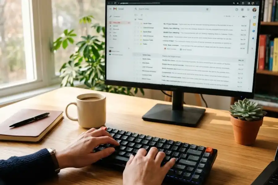 Person using keyboard shortcuts in Outlook on a desktop computer at a clean modern desk