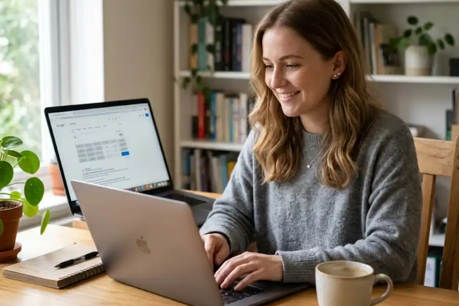 Woman using a laptop to play the Pi Game on Google calculator at a home desk