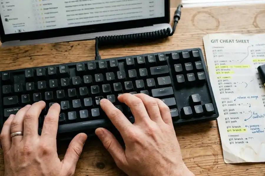 Gmail Keyboard Shortcuts Cheat Sheet: Clear Your Inbox 3x Faster 2 Close-up of hands resting on a backlit keyboard next to a printed shortcut cheat sheet on a wooden desk
