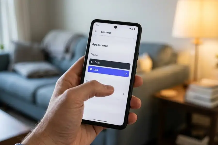 A person holding a smartphone displaying the Discord mobile app Appearance settings screen with the Dark mode option highlighted in a cozy indoor lighting setup