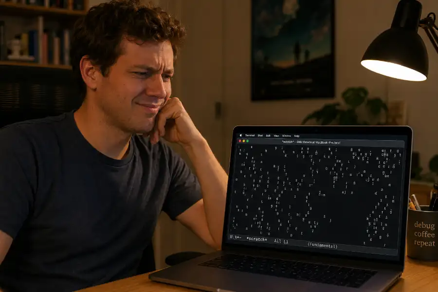 A person at a desk looking at a Mac Terminal window showing the Emacs interface with text filling the screen and a quirky animated zone mode effect dissolving the characters in the window