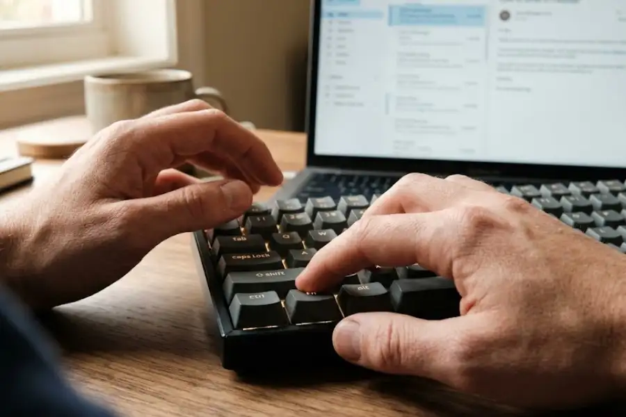 Hands pressing Ctrl and Shift keys on a modern keyboard with an email inbox open on screen