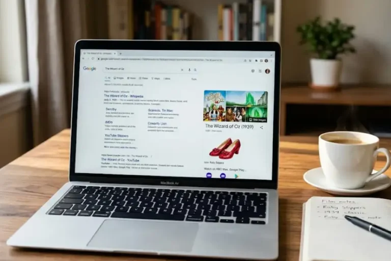Laptop screen showing Google search for The Wizard of Oz with ruby slippers in the Knowledge Panel