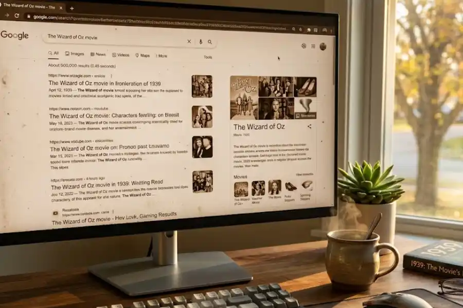 Computer screen showing sepia-toned Google search results after the Wizard of Oz tornado effect