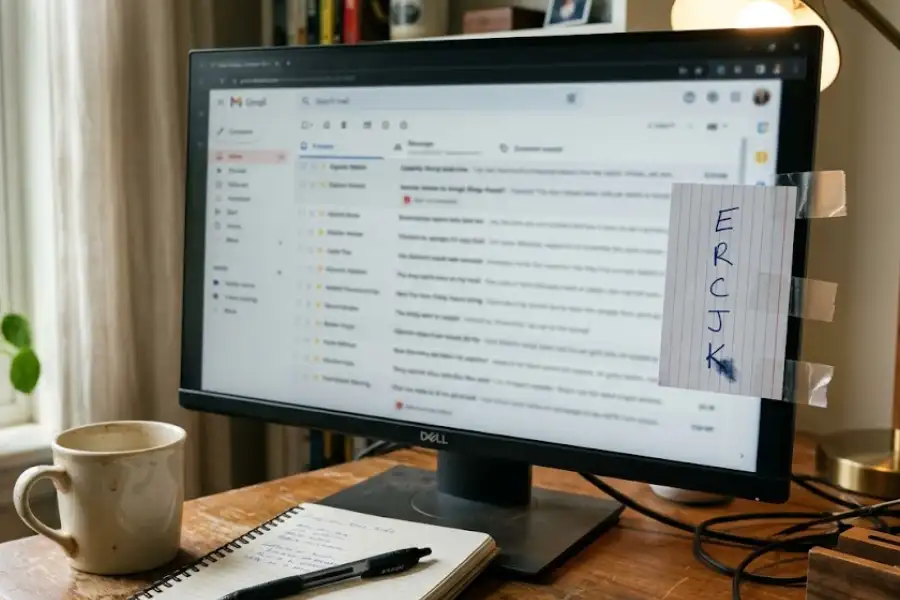 Gmail Keyboard Shortcuts Cheat Sheet: Clear Your Inbox 3x Faster 3 A tidy home workspace with a small handwritten shortcut card taped to the side of a monitor next to a coffee cup and notebook